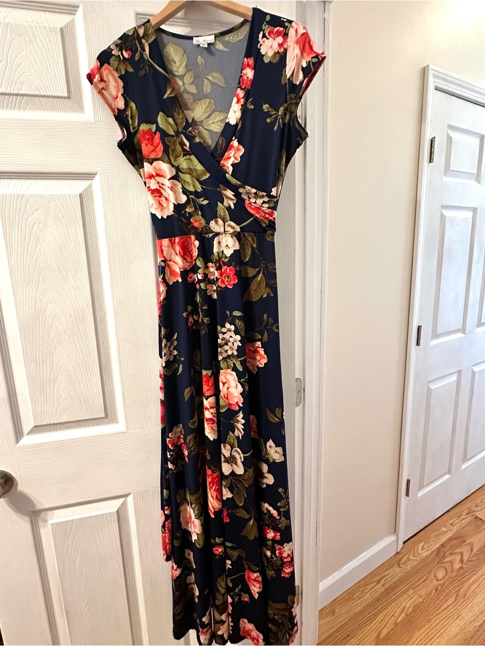 Olivia Matthews Navy Floral Wrap Maxi Dress with Pink & Cream Blooms